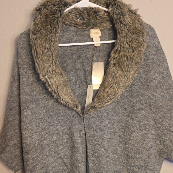 Chico’s Faux Fur Collar Open Cardigan – Gray Wrap Sweater (NWT) - Picture 1 of 12